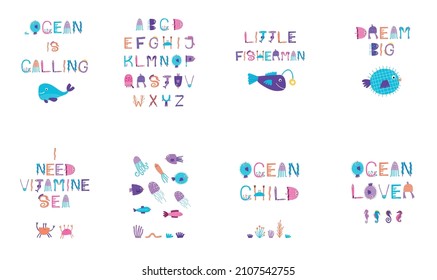 Ocean related quotes. Poster set. Vector illustration.