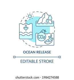 Icono de concepto de liberación oceánica. Ilustración de línea delgada de la idea abstracta de emisiones naturales de carbono. Efectos del calentamiento del océano. Degradación de los ecosistemas marinos. Dibujo de color de contorno aislado del vector. Trazo editable