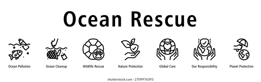 Ilustración vectorial de iconos de Anuncio de Web de Rescate Oceánico con iconos de Contaminación Oceánica, Limpieza Oceánica, Rescate de Vida Silvestre, Protección de Naturalezas, Cuidado Global, Nuestra Responsabilidad y Protección del Planeta.