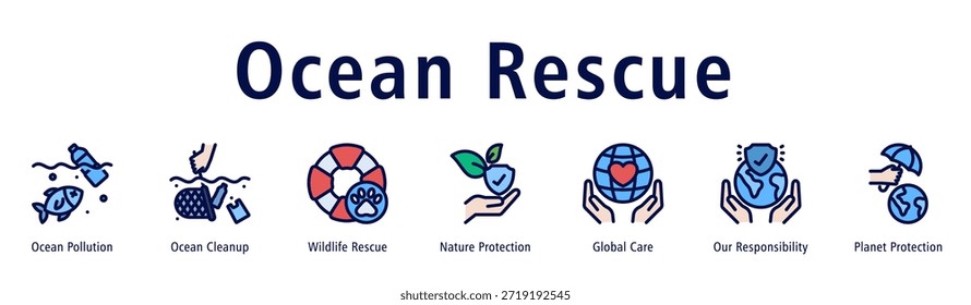 Ocean Rescue web banner icon vector illustration with icons of Ocean Pollution, Ocean Cleanup, Wildlife Rescue, Nature Protection, Global Care, Our Responsibility, and Planet Protection.