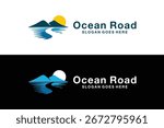Ocean road logo with mountain and sun, symbol of journey, travel, and adventure, perfect for tourism, holiday, and outdoor branding