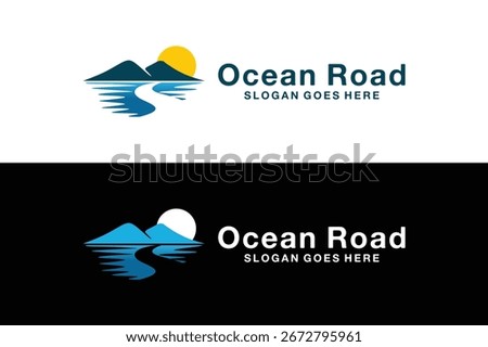 Ocean road logo with mountain and sun, symbol of journey, travel, and adventure, perfect for tourism, holiday, and outdoor branding
