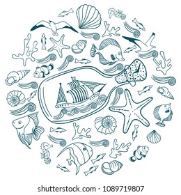 Ocean round shape with ship in bottle, stars, shells and sea horses. Line art vector illustration. Ocean day