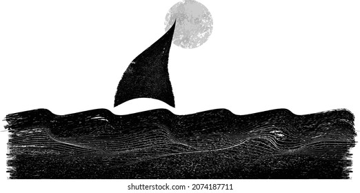 Ocean, sail ,moon and Abstract Waves . Grunge Logo Element. Surfing Icon . Brush Stroke . Vector Illustration. 