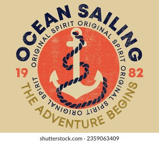 Ocean Sailing Original Spirit Vintage Logo Set. Nautische Embleme für T-Shirt, Design. Vorlagen für Meeresetiketten. Vektorgrafik