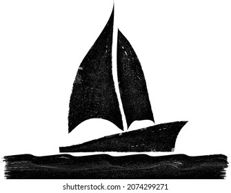 Ocean, sailing yacht and Abstract Waves . Grunge Logo Element. Sailboat on the sea Icon . Brush Stroke . Vector Illustration. 