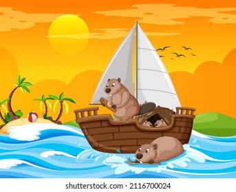 Ocean scene with beavers on a sailboat illustration