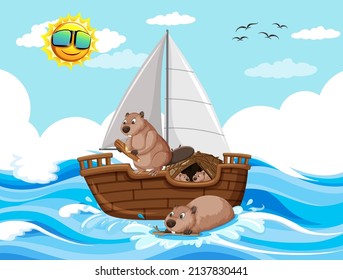 Ocean scene with beavers on a sailboat illustration