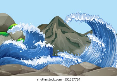 Ocean scene with big waves on the rocks illustration