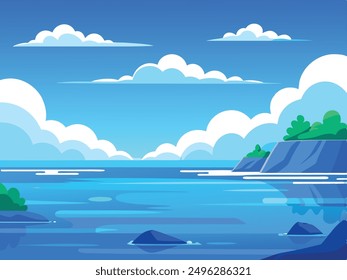 ocean scene with calm watersblue sky and white clouds in the background