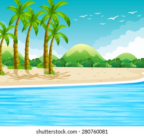 Ocean scene with coconut trees on the beach