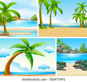 Ocean scene with coconut trees on beach illustration