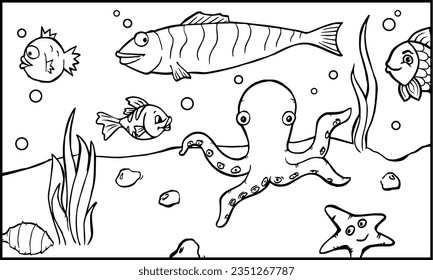 páginas de colores de la escena oceánica con peces de dibujos animados bonitos