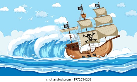 Ocean scene at day time with Pirate ship in cartoon style illustration