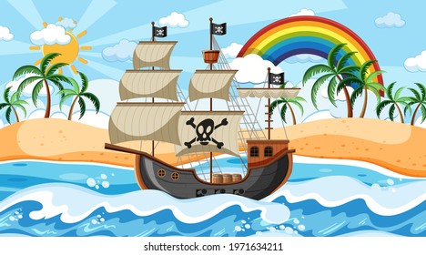 Ocean scene at day time with Pirate ship in cartoon style illustration