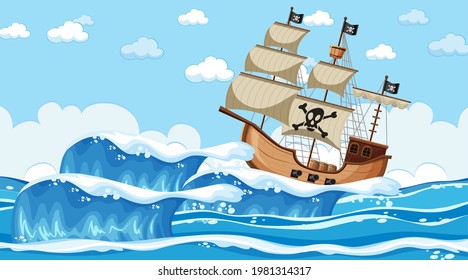 Ocean scene at day time with Pirate ship in cartoon style illustration
