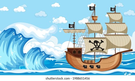 Ocean scene at day time with Pirate ship in cartoon style illustration