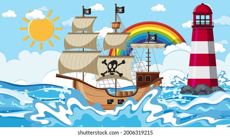 Ocean scene at day time with Pirate ship in cartoon style illustration