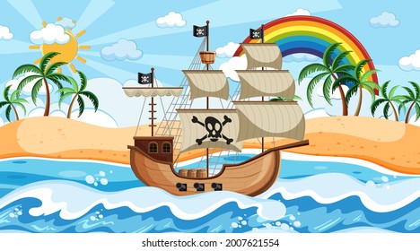 Ocean scene at day time with Pirate ship in cartoon style illustration