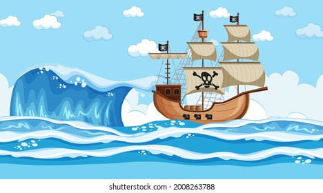 Ocean scene at day time with Pirate ship in cartoon style illustration