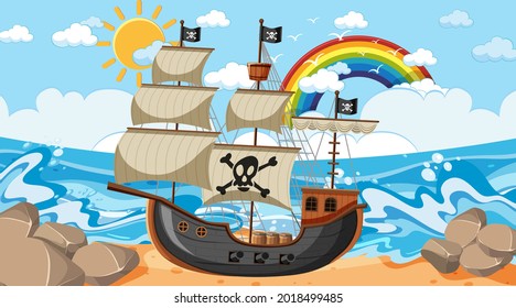 Ocean-Szene zur Tageszeit mit Pirate-Schiff in Cartoon-Art-Illustration