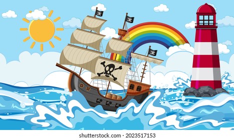 Ocean scene at day time with Pirate ship in cartoon style illustration