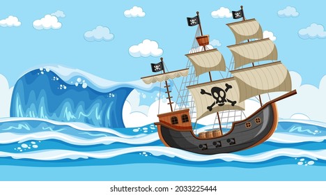 Ocean scene at day time with Pirate ship in cartoon style illustration