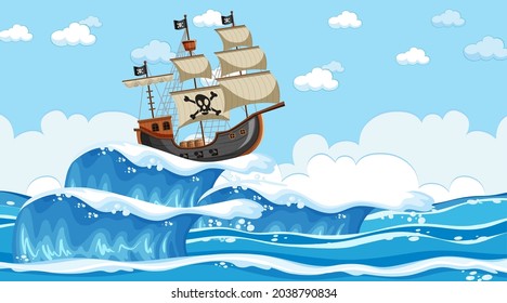 Ocean scene at day time with Pirate ship in cartoon style illustration