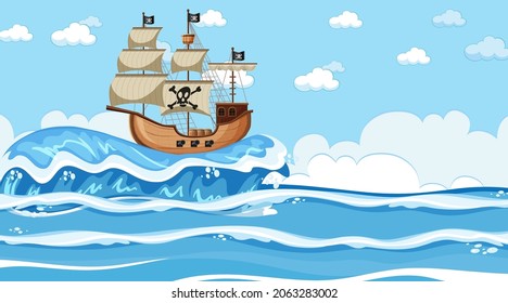 Ocean scene at day time with Pirate ship in cartoon style illustration