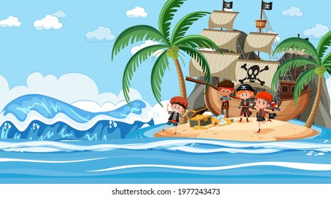 Ocean scene at daytime with Pirate kids standing on Treasure Island illustration