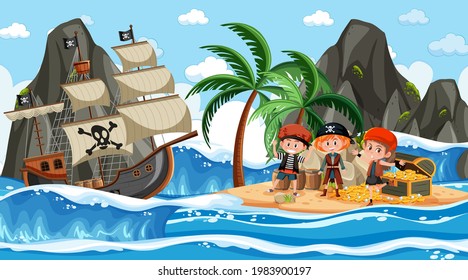 Ocean scene at daytime with Pirate kids standing on Treasure Island illustration