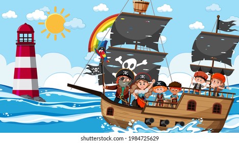 Ocean scene at daytime with Pirate kids on the ship illustration