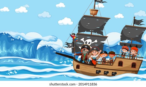 Ocean scene at daytime with Pirate kids on the ship illustration