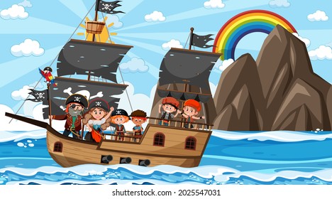 Ocean scene at daytime with Pirate kids on the ship illustration