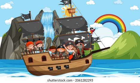 Ocean scene at daytime with Pirate kids on the ship illustration
