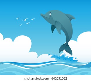 Ocean scene with dolphin jumping up illustration