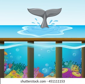 Ocean scene with dolphin tail illustration