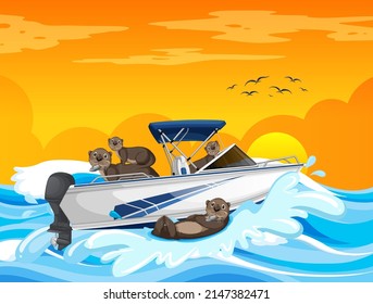 Ocean scene with group of beavers on speedboat illustration