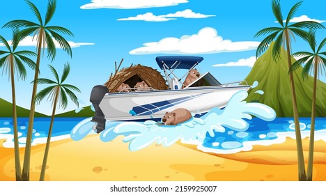 Ocean scene with group of beavers on speedboat illustration