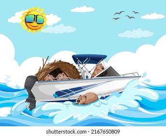 Ocean scene with group of beavers on speedboat illustration