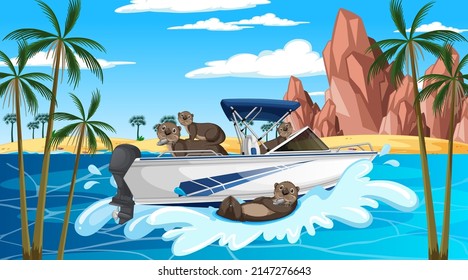 Ocean scene with group of otters on speedboat illustration