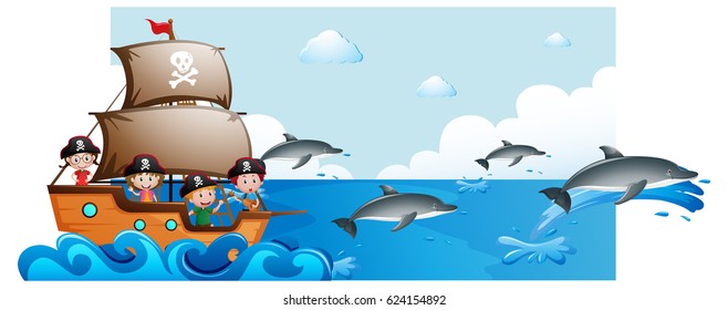 Ocean scene with kids on ship and dolphins underwater