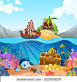 Ocean scene with kids on viking ship illustration