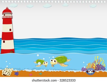 Ocean scene with lighthouse and animals illustration