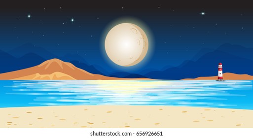 Ocean scene with lighthouse at night illustration