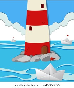 Ocean scene with lighthouse and paper boats illustration