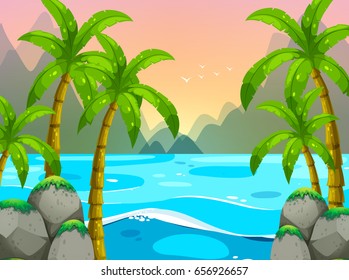 Escena oceánica con montañas como ilustración de fondo