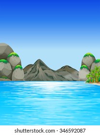 Ocean scene with mountains and trees illustration