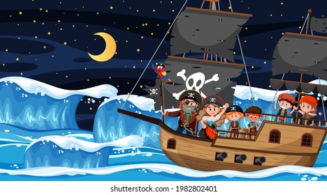 Ocean scene at night with Pirate kids on the ship illustration