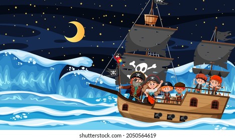 Ocean scene at night with Pirate kids on the ship illustration